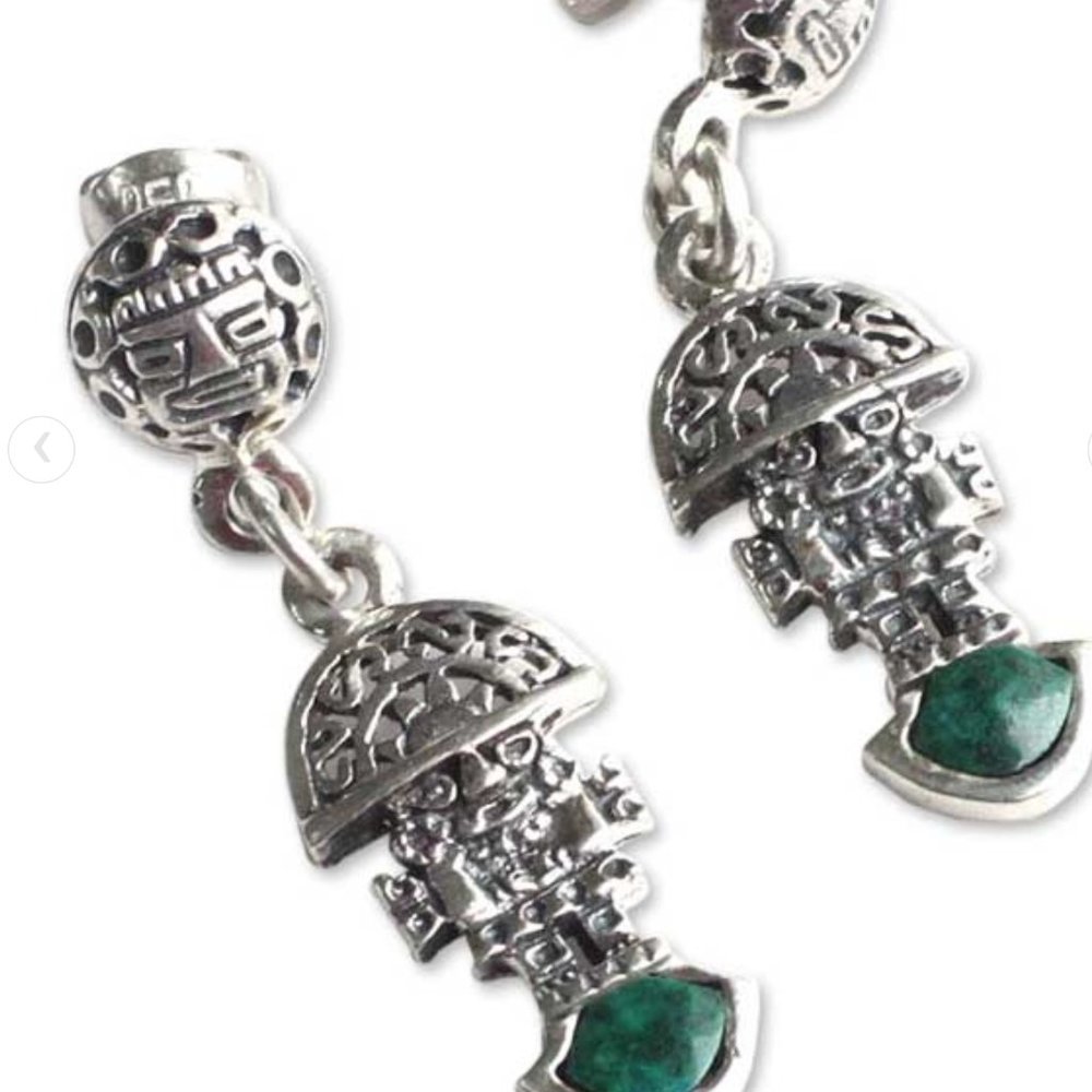 Chrysocolla Dangle Earrings, "Inca Deity" Malachite 925